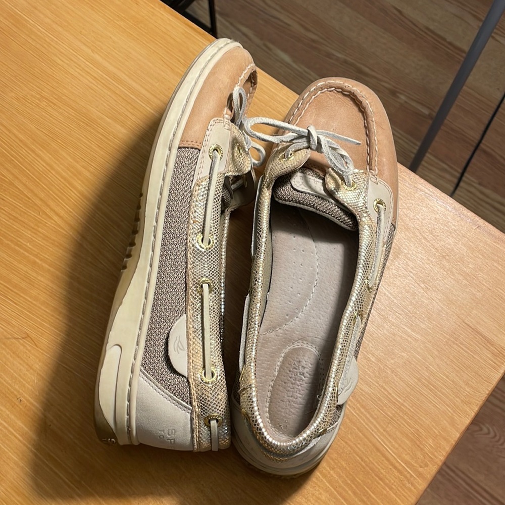Sperrys! Size 7.5. Classic tan color, with some shimmer around sides!